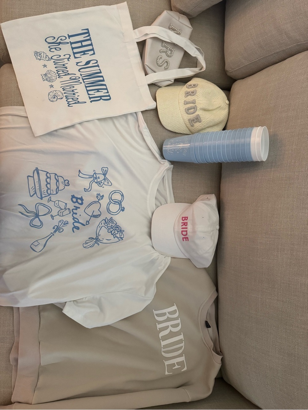 Bridal Party Tee Set with Blue Print - Bride Cap & Tote